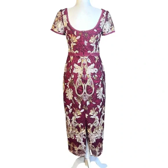 MARCHESA NOTTE Embroidered Guipure Tea Dress 4 Floral Metallic Party Evening - Picture 4 of 16